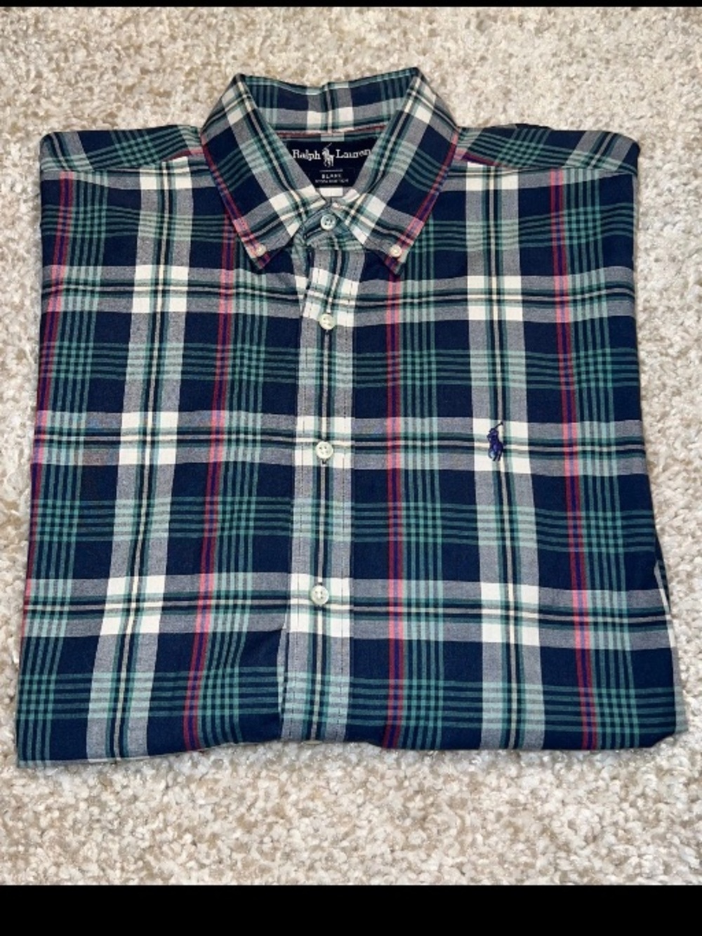 VINTAGE Ralph Lauren Shirt Mens X-Large Green Blue Plaid Long Sleeve Button Down